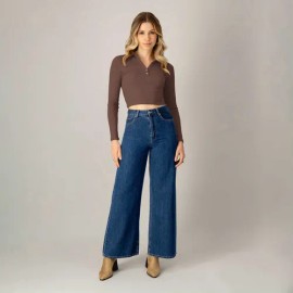 Playera Corta Polo Mujer Manga Larga Escote V Botones Casual