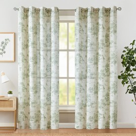 JINCHAN Linen Toile Curtains 84 Inches Long for Living Room Toile de Jouy Floral Printed Farmhouse French Country Curtains Grommet Top Light Filtering Window Drapes for Bedroom 2 Panels Green on Beige