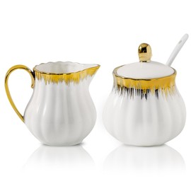 Ceramic Sugar and Creamer Set, White Sugar Bowl & Creamer Set with Gold Trim, 3 Piece with 10oz Cream Pitcher, 11oz Sugar Bowl with Lid and Spoon, Coffee Serving Set for Café, Afternoon Tea