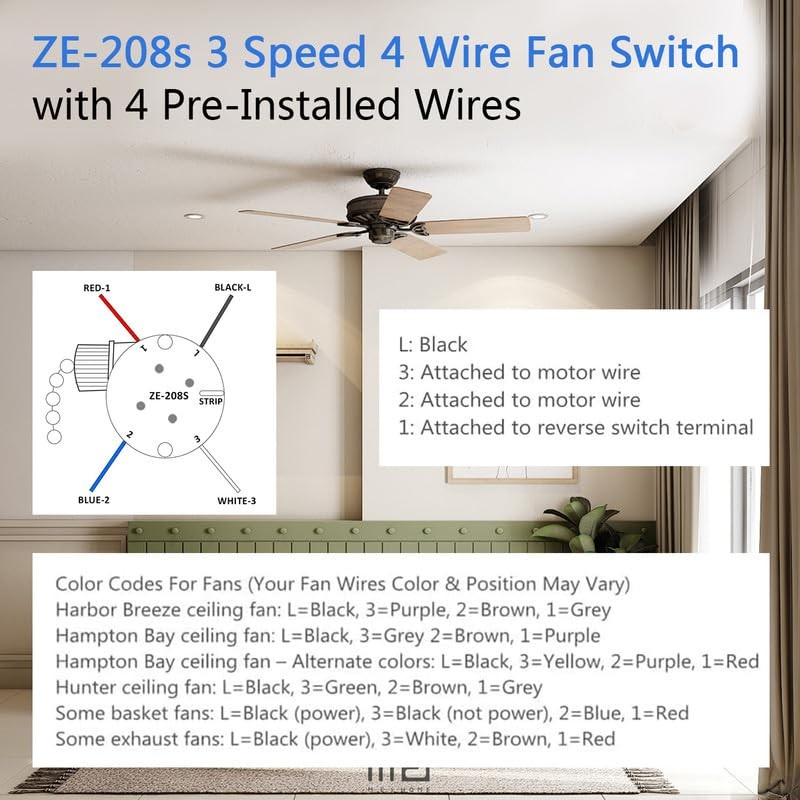 Akahttbn Ceiling Fan Switch ZE-208s E89885 3 Speed 4 Wire