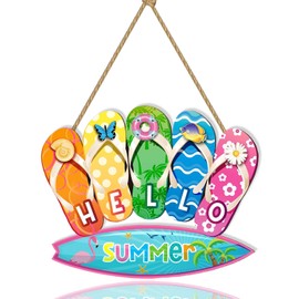 Hello Summer Hanging Door Sign Decor Summer Door Wall Decor Sign Door Sign Rustic Wooden Slippers Surfboard Summer Hanging Decorations for Indoor Outdoor Garden and Party Decoration (A)