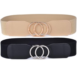 Beltox Women’s Elastic Stretch Wide Waist Belts w Double Rings Gold/Silver Buckle(Black and Khaki belts with Gold and Silver Buckles,L-XXL(37-47 inch stretch range))