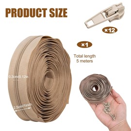 Zips for Sewing, Zippers for Sewing,Invisible Zip 5m Continuous Zip,Zippers for Sewing with 12 Zipper Heads for DIY Tailor Sewing Craft,Bag,Luggage,Dress,Sofa Cushion,Pillow(Beige)