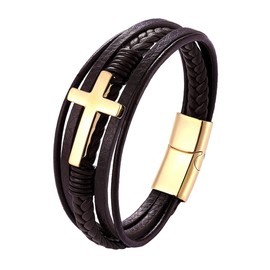 Panifio Mens Stainless Steel Cross Bracelet Personality Multi-Layer Braided Leather Bracelet for Men Religious Jewelry