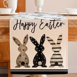 Jayusaror Easter Table Runner Three Bunnies Spring Black Seasonal Washable Modern Small Tablecloth Table Runner for Coffee Dining Room Chest of Drawers Side Table Bedroom Party Decoration 40 x 140 cm