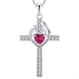YL Mom Cross Necklace 925 Sterling Silver Mother Pendant Created Ruby Mum Jewelry for Women