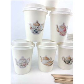 Floral Teapot Paper Coffee Cups, 12 oz, Set of 12 with Lids and Stirrers