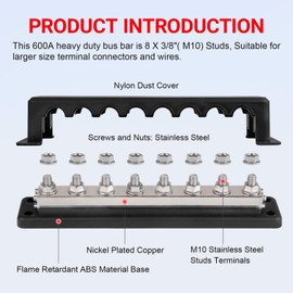 ANDO RACING 600A Heavy Duty Power Distribution Block with Cover 8 x 3/8" (M10) Studs Bus Bar Terminal Block, High Current Busbar 12-48V DC Busbar Box for Automotive RV Boat, Black