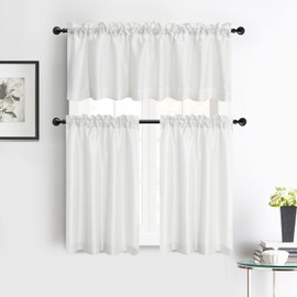 Faux Silk Kitchen Curtain Valance Set 36 Inch long Tier Curtains Cafe Curtains Rod Pocket valances for Living Room Bedroom Bathroom Farmhouse Rustic Country Window Curtains 3 Piece Set (Ivory)