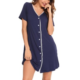 Vlazom Women's Nightdress Button Down Nightshirts Lace Trim Nighties Soft Nightgown Sleepwear with Pockets, Cobalt Blue, M