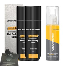 Hair Fibres X2 GROOMARANG Keratin Hair Building Fibres for Thinning Hair- Instantly Conceals Thinning Areas for Fuller Thicker Hair- For Men & Women 28g + Hair Loss Lotion & Optimiser (Black)