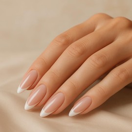 French Tip Press-On Nails, False Nails, Fake Nails, Natural, Semi-Transparent, Almond, Medium, 24 Count, Artificial Nails, Fake Nails, Enhancement, Classic, Glue Included, jelly adhesive pads included