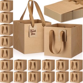 Windyun 50 Pcs Mini Paper Gift Bags with Handle 6 x 6 x 6'' Square Small Favor Bag with DIY Thank You Tag for Birthday Wedding Bridal Shower Bridesmaid Graduation Holiday Party(Kraft)