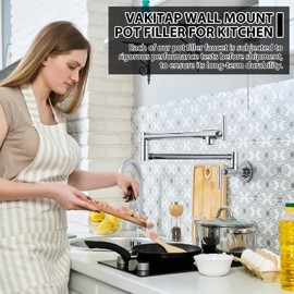 VAKITAP Wall Mount Pot Filler Faucet, Brass Pot Filler Folding Stretchable with Double Joint Swing Arm, Commercial Contemporary Filler Faucets, 3004-CH