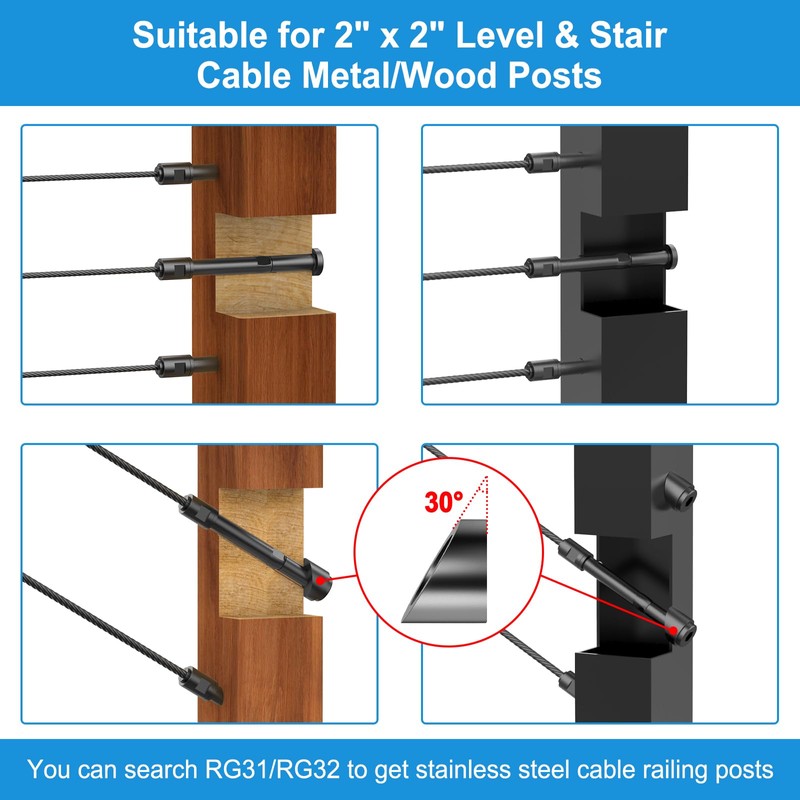 RailinGo 20Pack 1/8" Swageless Cable Railing Tensioners, Black Cable Railing