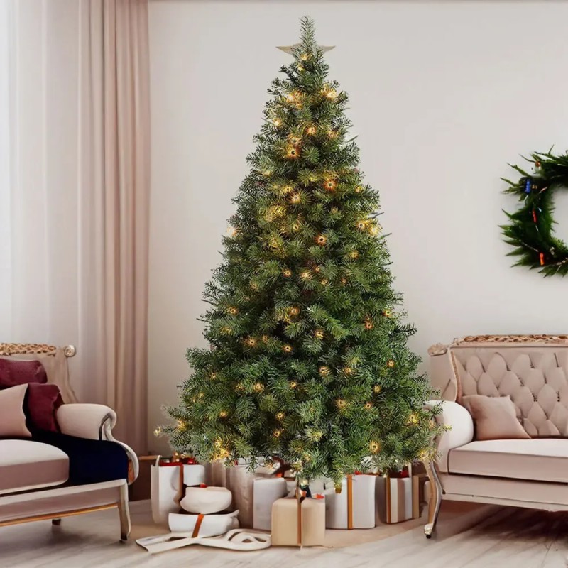 Árbol De Navidad Pino Artificial Verde Con Luces Led 2.1m