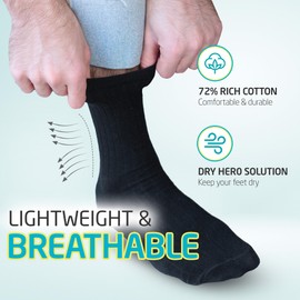 HOT FEET Thin Crew Summer Socks for Men - 5 Pack, Breathable, Moisture Wicking, Lightweight, Ribbed Cotton Socks, Sizes 7-17, Black, 10-13