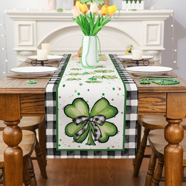 Siilues St Patricks Day Table Runner, Buffalo Plaid St Patricks Day Decoraions Green Shamrock Seasonal Spring Holiday Table Decorations for Indoor Outdoor Dining Table Decor (13'' x 108'')