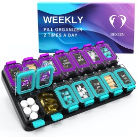 UD_Weekly XL Med Sorter Green Purple Extra Large 2-Times-a-Day Pill Organizer 7-Day Am Pm Airtight Vitamin Case Storage