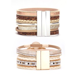 Dochais Women's Bracelets Set, 2 Pieces Multilayer Leather Bracelet, Boho Wrap Bracelet with Wrist Cuff and Magnetic Buckle for Women, Inspirational Tree of Life Gifts, Leather