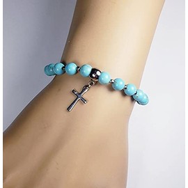 Cynthia Lynn "Sacrifice" Turquoise Silver Stainless Steel Beaded Stretch Cross Charm Bracelet (8.5inches)