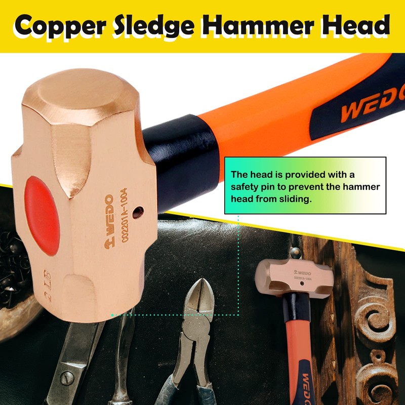 WEDO Copper Sledge Hammer with Fiberglass Handle,Long Straight Handle,Length 400mm(16"),5lb
