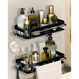 Styptika 2 - Pack Aluminum Shower Caddy with 2 Towel Bars and 4 Fixed Hooks,No Drill Wall Mount Adhesive Shower Shelves for Inside Shower,Black Rustproof Premium Shower Organizer for Bathroom,Kitchen