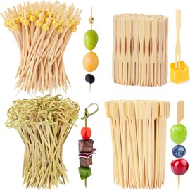 500 Pcs Cocktail Picks Kit 4 Styles Fancy Toothpicks Appetizers 2 Size Long Bamboo Skewers for Decorative Wooden Sticks Party Supplies Food Drinks Fruit Accessories (Natural, 12cm+9cm)