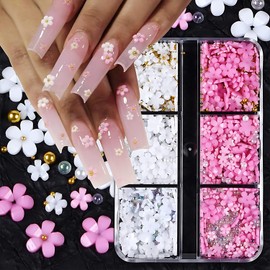 6Grids 3D Flower Nail Art Charms White Pink Nail Charms for Acrylic Nails Design Gold Silver Pearls Nail Gem Supplies Rhinestones Floral Nail Accessories for Women DIY Nail Decorations Crafts
