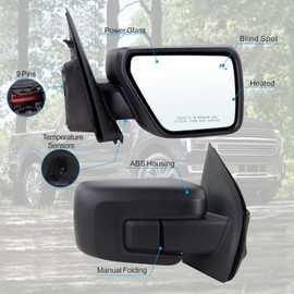 Lqito Right Passenger Side Door Mirror Compatible With 2021 2022 2023 2024 2025 Ford F150 With Power Glass Manual Folding Heated Blind Spot Temperature Sensors Matte Black Replace#ML3Z17682VA (9 Pins)