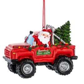 The Bridge Collection Santa Driving a Red Monster Truck Ornament - Santa Claus Off-Roading in Big Red Truck