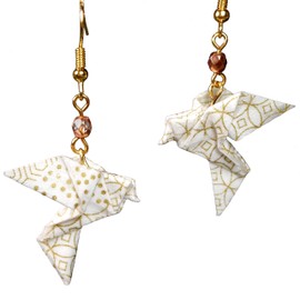 Gold Pattern on White Paper Origami Peace Dove with Czech Glass Bead Earrings, 1st Anniversary Gift