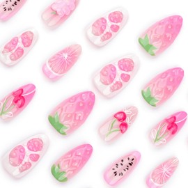 3D Summer Fruit Press on Nails Medium Almond Fake Nails with Cherry Oranges Strawberry Grapes Designs False Nail Glossy Glue on Nails Pink Ombre Acrylic Stick on Nails for Women 24Pcs