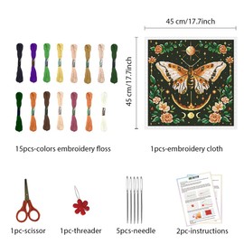 FREEBLOSS 11CT Cross Stitch Kits for Adults Moth Pattern Printed Cross Stitch Kits for Beginners Wall Hanging Kit Embroidery Needlepoint Kit Home Decor 45x45cm