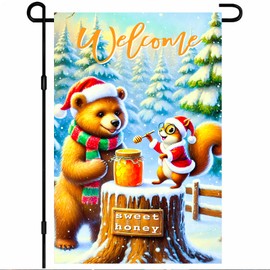 BlissYard Sweet Honey Bear Garden Flag 12x18 Inch Welcome Winter Bear and Squirrel Outdoor Flag Double Sided Holiday Yard Banner with Santa Hats Jar of Honey and Forest for Porch Lawn Patio