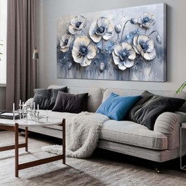 AOZEMI Floral Wall Art Bedroom Floral Picture Art Blue Canvas Wall Decor White Artwork for Living Room Office 29" x 59"