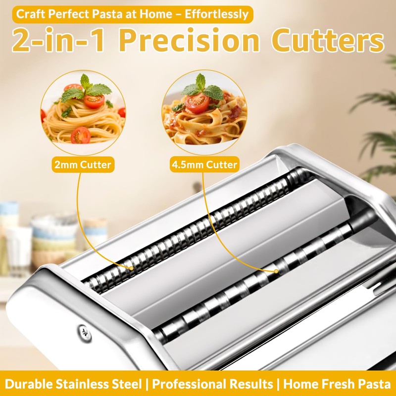 Pasta Maker with 7 Thickness Settings Roller, 2-in-1 Cutter, Hand