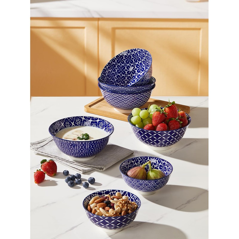 Metahom Ceramic Cereal Bowls, 23 Oz Blue and White Bowls,