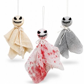 3 Pcs Halloween Ghosts Hanging Ornaments, 8.7 Inch Rustic Cloth Ghost Decorations with Hanging Loops, Spooky Ghost Dolls for Halloween Tree, Door, Yard, Haunted House and Party Decor