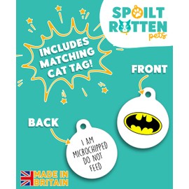 Spoilt Rotten Pets Flamboyant Bat Superhero Cat Collar & Matching Do Not Feed Microchip Tag UK Made Bell & Safety Buckle (Flamboyant Bat)