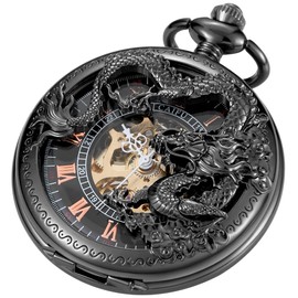 Tiong Vintage Mechanical Pocket Watch with Chain Unique Hollow Engraved Dragon Steampunk Roman Numerals Men's Pocket Watches
