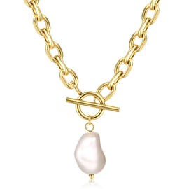 TEN MIRO 18k Chunky Gold Necklace for Women, Non Tarnish Gold Chunky Baroque Pearl Necklace Bold Statement Necklaces Thick Irregular Large Pearl Pendant Toggle Necklaces for Women Trendy