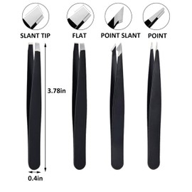 Hofull 4-Pack Black Stainless Steel Eyebrow Tweezers - Precision Slant/Pointed Tips with Button Leather Travel Case | For Women Facial Hair & Men Ingrown Hair