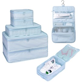 Travel Packing Cubes 5/7 Set with Toiletry Bag, JJ POWER Luggage Organizers Shoe Bag, blue, Large, Travel