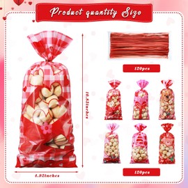 Pasimy 120 Pcs Valentine Cellophane Bags Bulk Valentines Day Plastic Gift Bags with 120 Twist Ties Heart Shaped Window Candy Treat Goodie Bags for Kids Party Favor Classroom Exchange Gifts Supplies