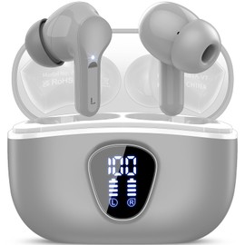Wireless Earbuds, Bluetooth 5.4 Headphones HiFi Stereo, Bluetooth Earbuds with ENC Noise Cancelling Mic, IP7 Waterproof in Ear Earphones, 48H, LED Display Ear buds for Pad Workout Sports, Grey