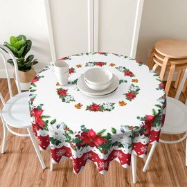 Christmas Tablecloth, Winter Floral Round Tablecloth 60 Inch, Red Xmas Flower Snowflake Table Cloth for Farmhouse Kitchen Decor, Wipeable Polyester Fabric Table Cover for Holiday Party Outdoor Camping