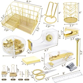 YOLOZAI Office Desk Organizers, Gold 13PCS Office Supplies and Accessories Desk organizer, Acrylic Stapler, Staple Remover, Clips, Scissor, Phone Holder, Pen, Pen Holder
