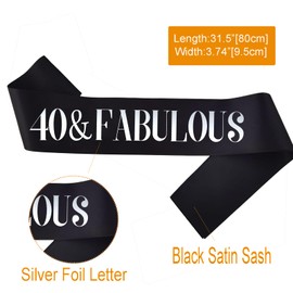 PANBINN 40 & Fabulous Birthday Sash, Silver Foil Black Satin '40 & Fabulous' Birthday Sash for Men or Women 40th Birthday Party Decorations Gifts Favors