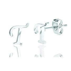 Women Teen Girls Stainless Steel Tiny Initial Stud Earrings Gold Silver Initial 26 Letters Alphabet Earrings (T-Silver)